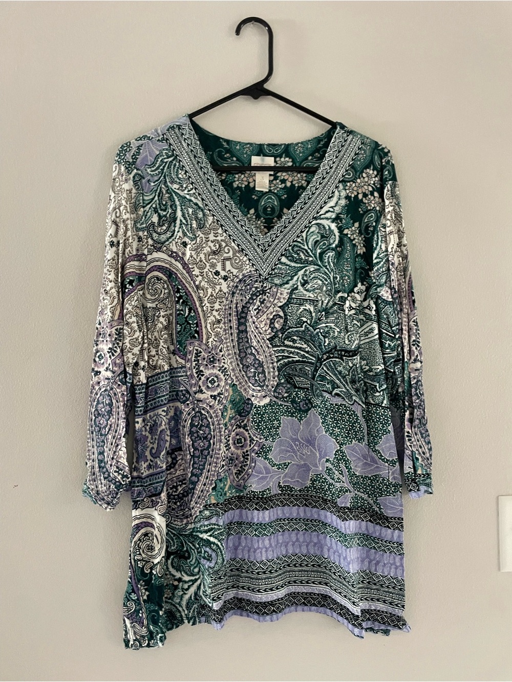 Chico's Green and Lavender Paisley 3/4 Sleeve Blouse